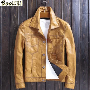 

Boollili Men's Sheepskin Coat Genuine Leather Jacket Men Yellow Vintage Motorcycle Jacket Spring Autumn Deri Mont