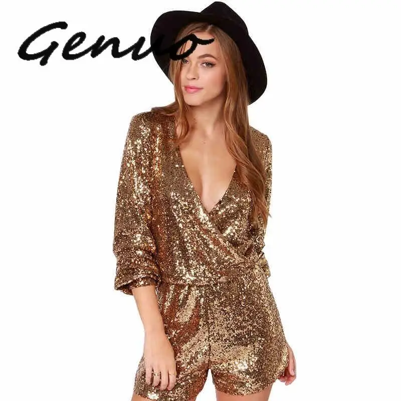 Genuo Sexy Women Sequins Glitter Jumpsuit Sequins V-Neck Party Jumpsuits Body Long Sleeve One Piece Shorts Streetwear Playsuits