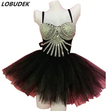 Женский костюм певицы для ночного клуба, блестящие стразы, открытая спина, боди, юбка-пузырь, наряд, сексуальный, DJ, танцор, вечерние, шоу, одежда для сцены