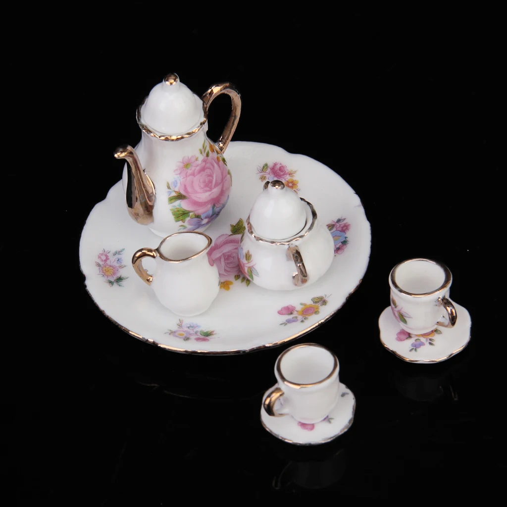 8PCS Flower Pattern Charms Dish Plate Tea Cup Set for 1/6 Scale Dollhouse House Miniature Pot Porcelain Ceramic Flower Print