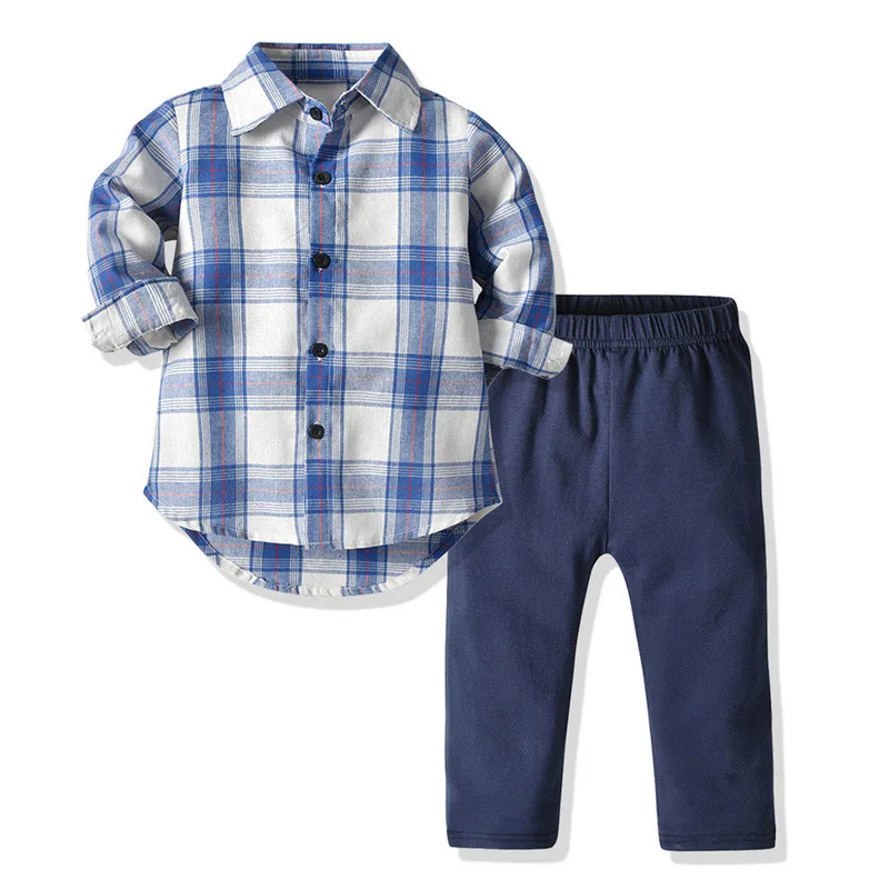

2020 New Style Men And Women Child Spring And Autumn Set Fashion Front Short Long Back Plaid Shirt CHILDREN'S Knitted Trousers S