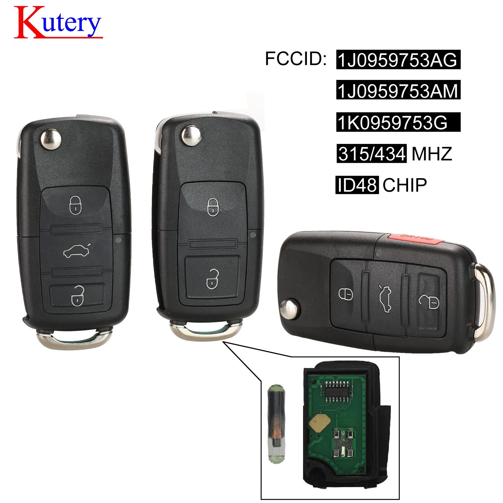 Kutery 2/3/4 Кнопка флип дистанционный брелок 434 МГц ID48 чип для VW Beetle Bora Golf Passat