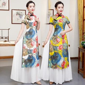 

Large size 5XL Austrian cheongsam Printing long Qipao dress Chinese style long section improved big swing autumn show cheongsam