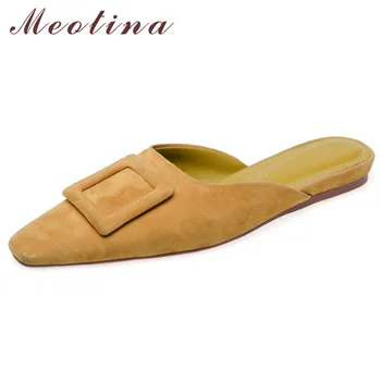 

Meotina Shoes Women Kid Suede Flats Mules Shoes Buckle Shallow Shoes Lady Square Toe Causal Footwear Female Yellow Black Apricot