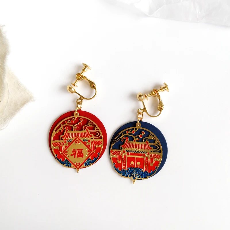 AOMU Chinese Ancient Traditional Culture Koi Palace Ear Hook Geometric Round Metal Enamel Drop Earrings for Women Gift Jewelry - Окраска металла: D Ear clip