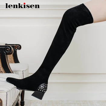 

Lenkisen equestrian boots flock rivet decorations superstar square toe thick med heels slip on stretch over-the-knee boots L08