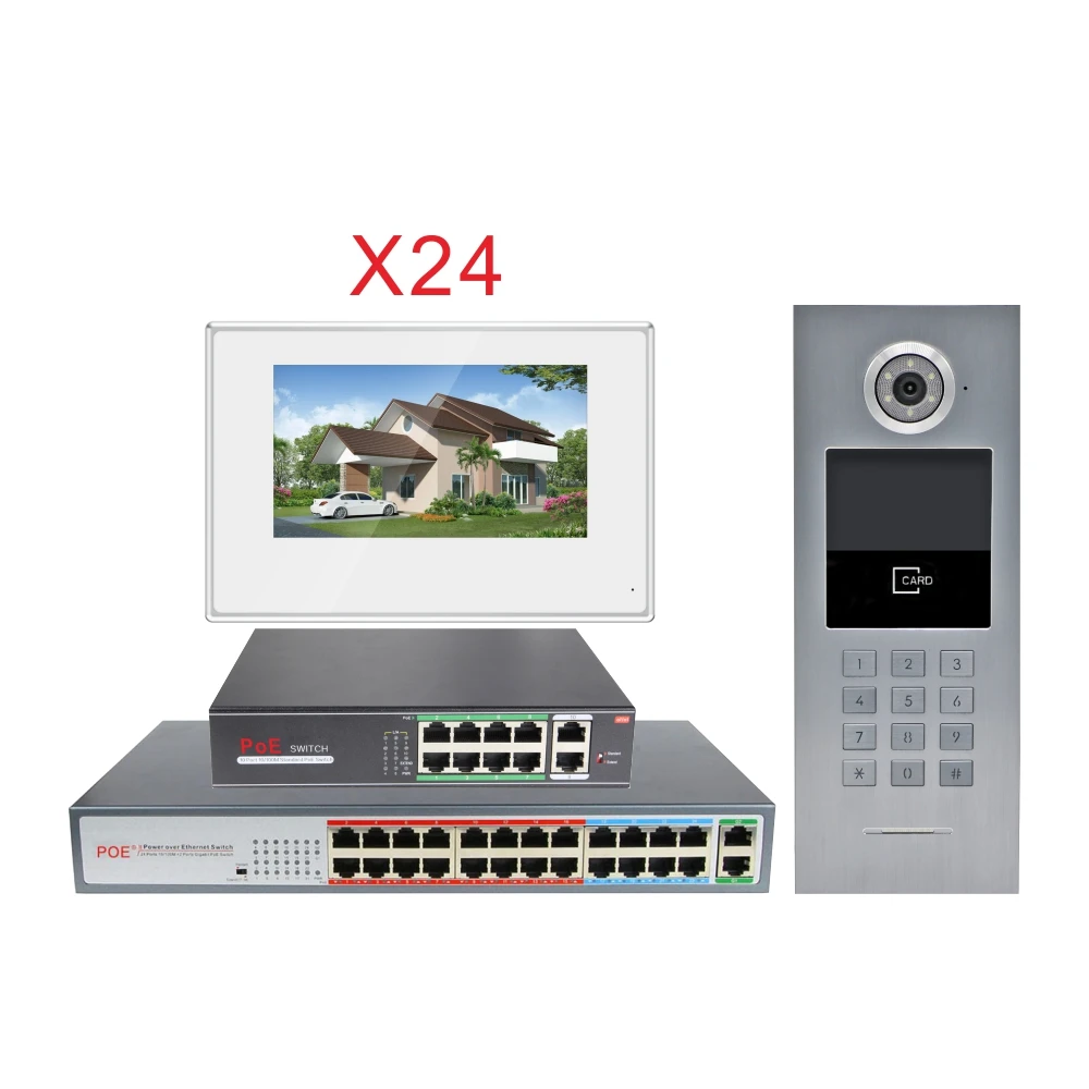7'' Touch Screen WIFI IP Video Door Phone Intercom+POE Switch 24 Floors Building Access Control System Support Password/IC Card