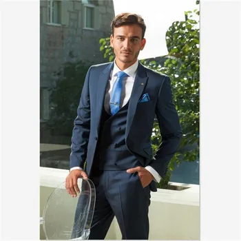 

Latest Designs Navy Blue Men Suit Double Breasted Formal Custom Peaked Lapel Wedding Slim Fit Tuxedo Costume Homme Men's Suits 3