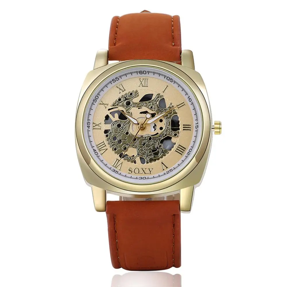

Brown Fashion Casual Men Quartz Dress Watches Hollow Out Top Brand Men Wristwatches Stainless Steel Case Leather Band Men Clock
