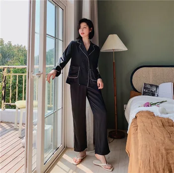 

Pajama women's summer ice silk long sleeved trousers Pajama two piece suit double breasted silk big brand home clothes