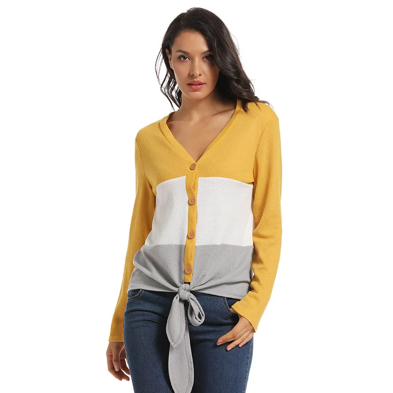 

Focal20 Lady Style Hit Color Stripe Women Knitted Cardigan Sweater V-neck Women Cardigan Sweater Autumn Loose Lady Sweater