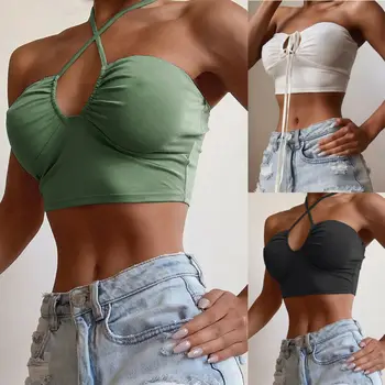 

2020 Sexy Women Ladies Crop Cami Vest Top Bralet Camisole Plain Mini Tank Strappy Sleeveless Drawstring Cross Halter Wrap Chest