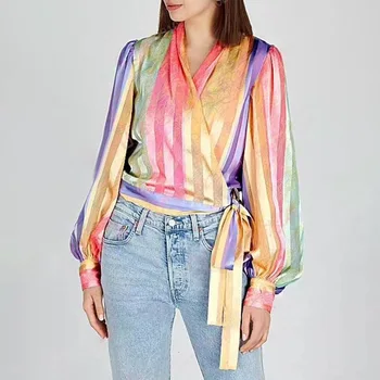 

2020 Early Spring Fashion Elegance V-neck Puff Sleeve Rainbow Stripe Bandage Women Shirt Top