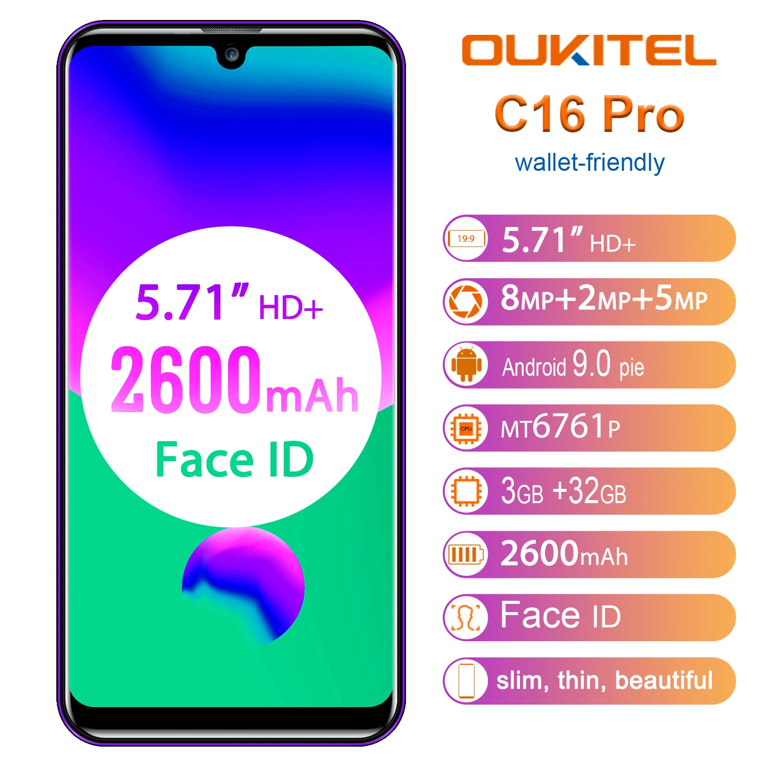 Смартфон OUKITEL C16 Pro, 3 ГБ, 32 ГБ, четырехъядерный процессор MTK6761P, 5,71 дюймов, экран в виде капли воды, 19:9, распознавание лица, отпечаток пальца, LTE, 2600 мАч, мобильный телефон