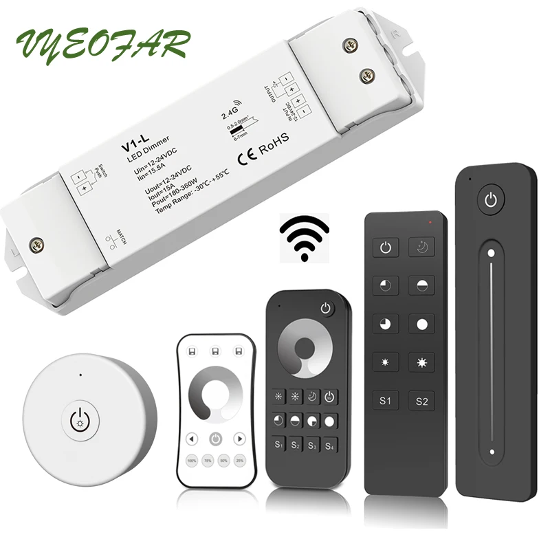 New Led Strip Dimmer 2.4G RF Wireless Remote Dimming 12V 24V Input 15A