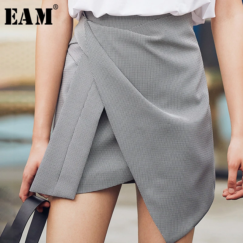 

[EAM] Plaid Short Irregular Asymmetric High Waist Half-body Skirt Women Fashion Tide All-match New Spring Autumn 2019 JZ057