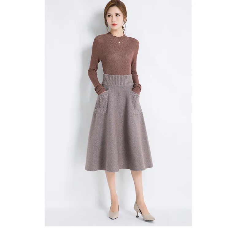 Winter Thick Wool Knitting Long Skirts With Pocket OG0693