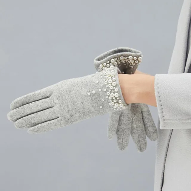 Female Luxury Wool Warm Full Finger Pearl Gloves Winter Touch Screen Mittens Women Rabbit Cashmere Thicken Driving Gloves H58 5