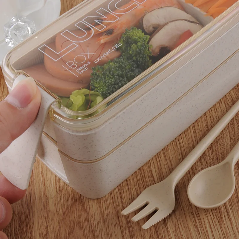 Portable Square Lunch Box Concise Double Layer Plastic Lunch BoxWith Folk Spoon Microwave Pink Green Lunch Box