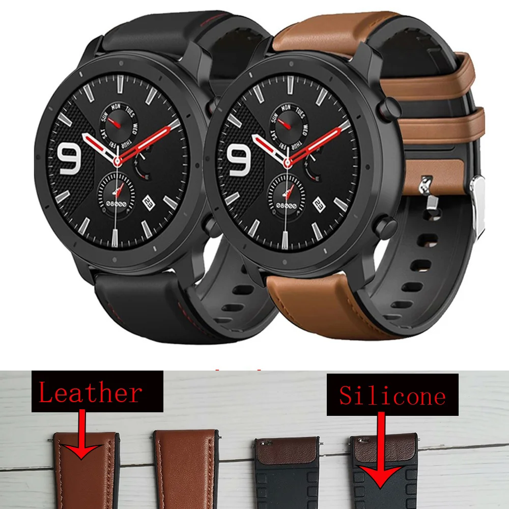 Leather + Silicone Bracelet Band For Xiaomi Amazfit GTR 47mm Pace Stratos 2 Watch Strap Huawei GT Honor Magic Correa | Наручные часы