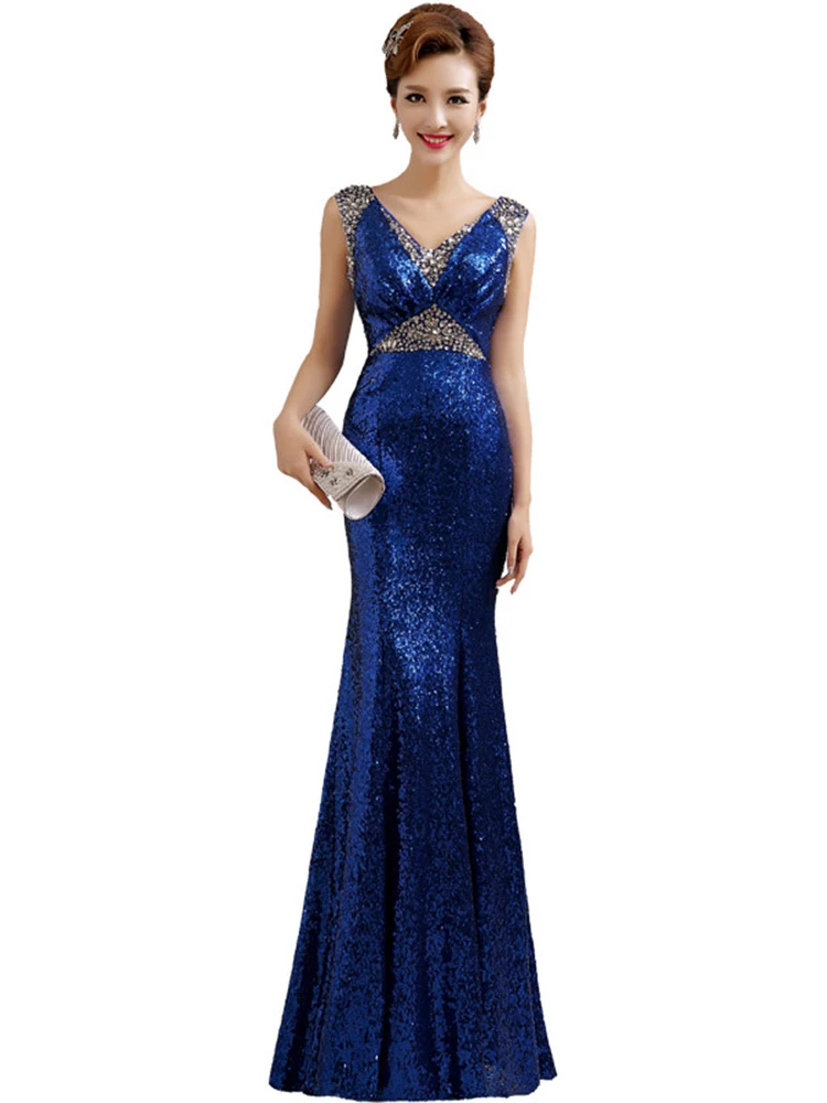 Королевский синий sequines Русалка Длинный v шеи сексуальное layd вечерное платье для женщин вечернее платье