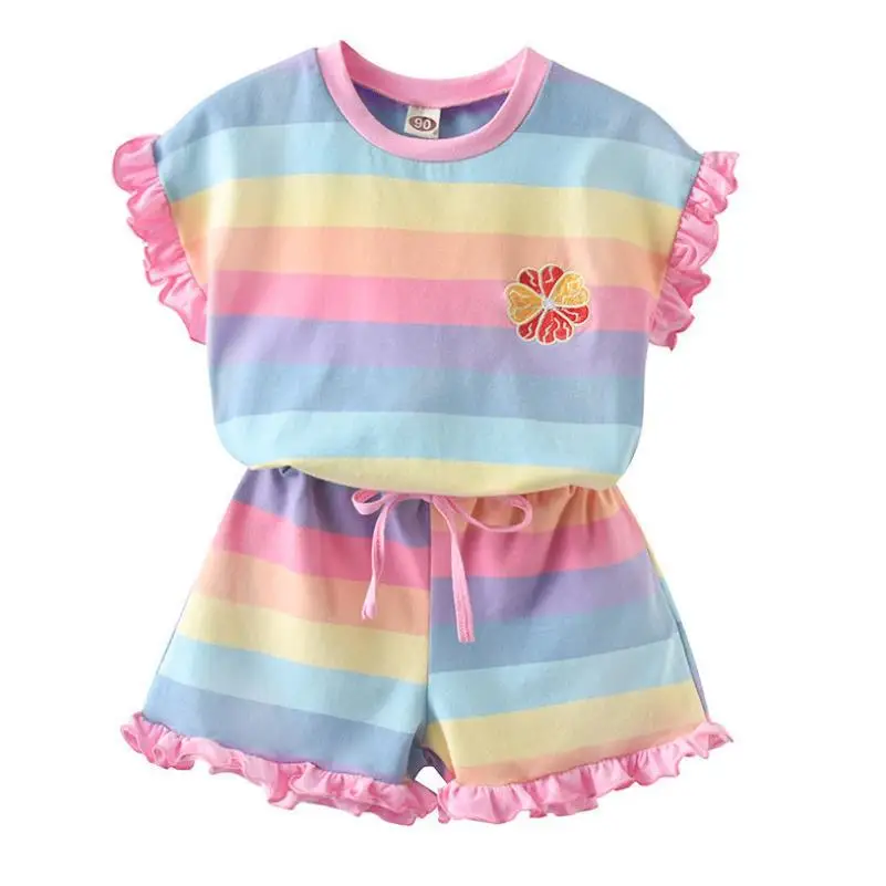 Girls Clothes New Summer Style Baby Girls Striped casual suit Ruffle T-shirt + shorts 2Pcs for Kids Clothes sportswear 2-8Y