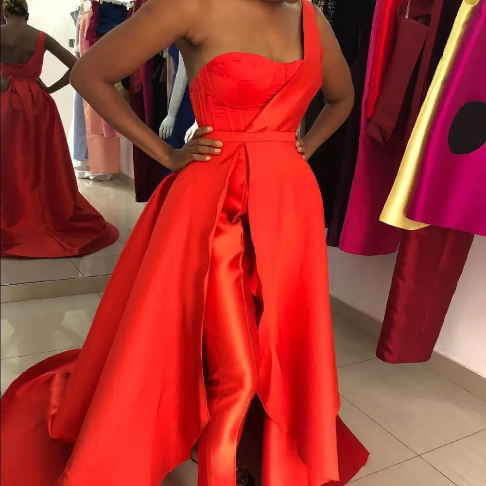 Mono rojo con sobrefalda desmontable para mujer, Vestidos de Noche de satén de un hombro, tren barrido, vestidos de fiesta formales baratos - AliExpress