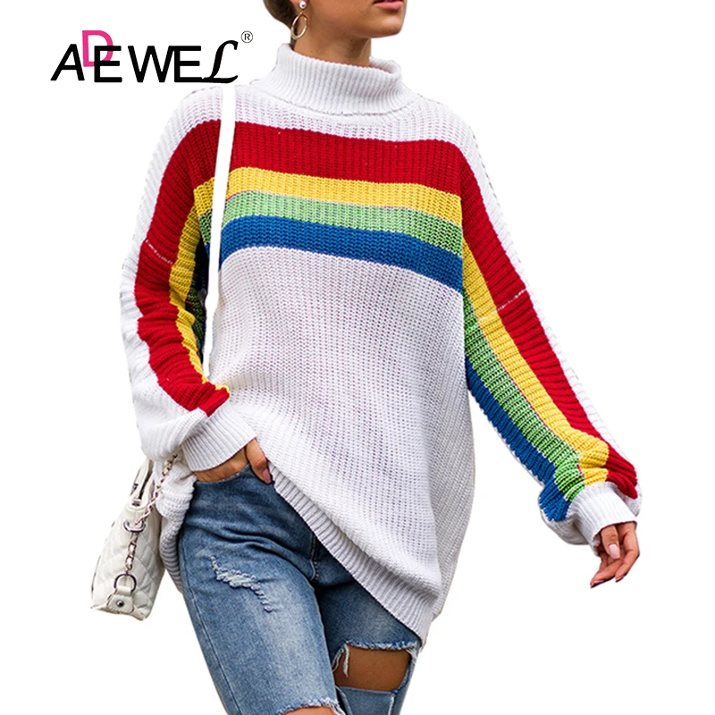 

ADEWEL Rainbow Color Stripe Long Sleeved High Necked Knit Sweater Sweaters Women 2019 Warm Turtleneck Middle Age Women Tops