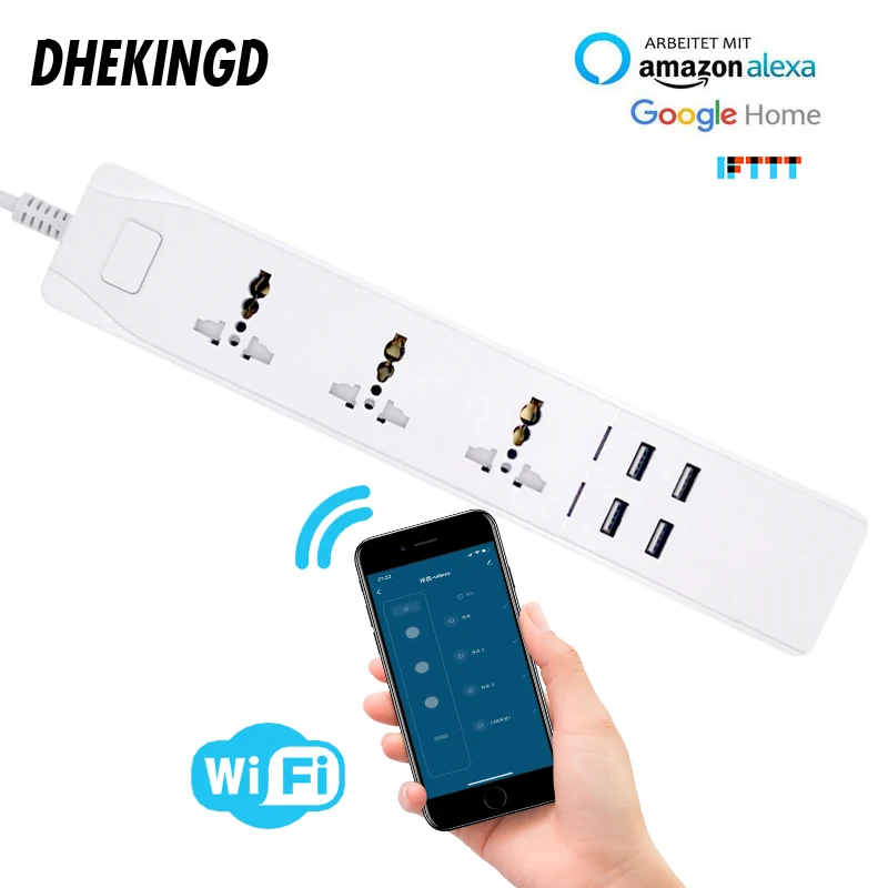 

Wifi Smart Power Strip with Universal 3 Socket 4 USB Charging Station Work with Alexa Google Home Assistant UK/AU/EU/US/SA Plugs