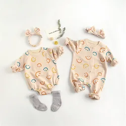 Barboteuse en coton pour bébé fille, combinaison avec imprimé sourire, vêtements pour enfant en bas âge 