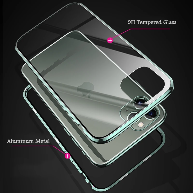 Роскошный чехол для Apple iPhone 11/Pro/Max чехол полностью защищающий телефон Магнитный задний экран из закаленного стекла и алюминия металлический чехол