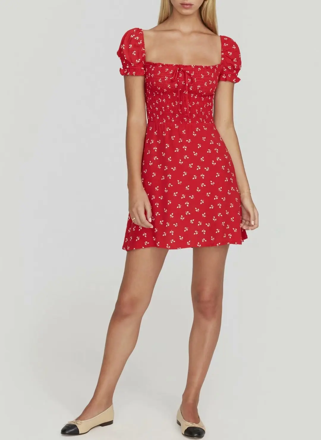 

19 Popular Summer Skirt Very Fairy of France Non-mainstream Fairy Red Slimming Puff Sleeve Floral Printed Dress