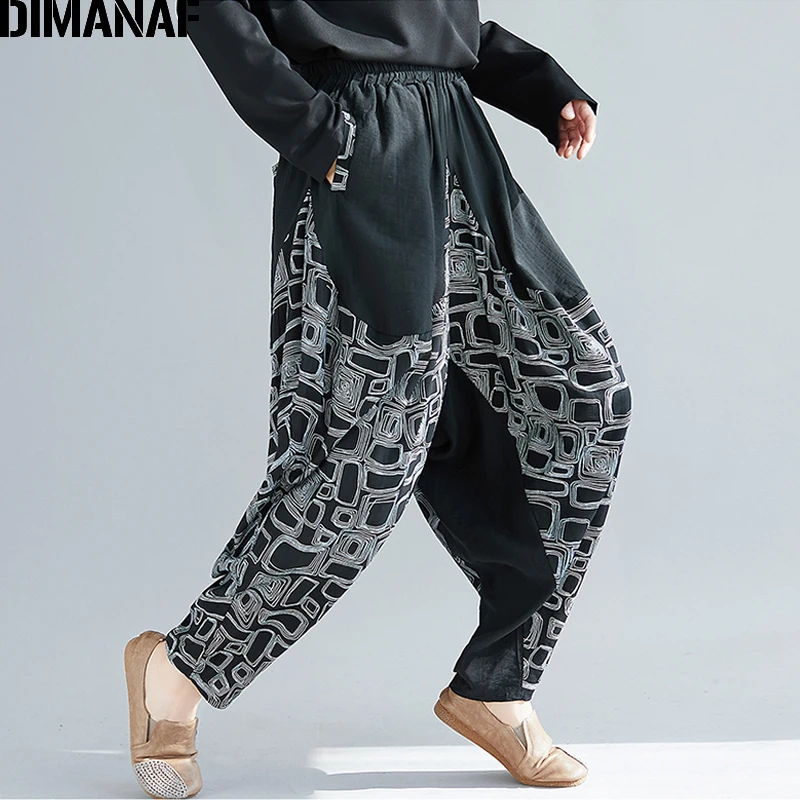 

DIMANAF Oversize Women Pants Trousers Pantalones Vintage Cotton Spliced Plaid Black Female Harem Pants Loose Plus Size Spring