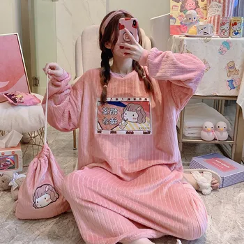 

Young Lady Cute Cartoon Nightgown Casual O-Neck Nightdress Winter Coral Velvet Home Dress With Bag Sweet Warm Loose Nightwear