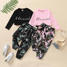 Ensemble de vêtements pour filles de 1 à 6 ans, 2 pièces, pull à manches longues, pantalon de Camouflage, avec lettres imprimées, à la mode, automne
