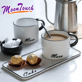 

Creative Coffee Cup and Saucer Set Ceramic Breakfast Milk Cup Afternoon Tea Cup European Simple Style Water Cafe Cup with Handle