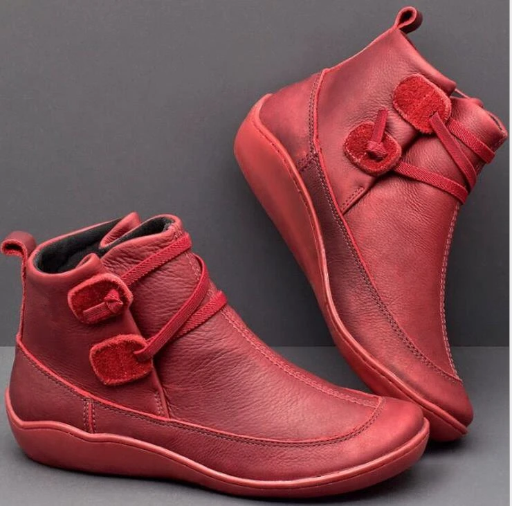 Women's PU Leather Ankle Boots Women Cross Strap Vintage Woman Shoes Short Plush Punk Boots Flat Ladies Retro Botas Mujer - Цвет: red