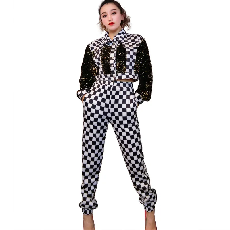 Women Hip Hop Costumes Stage Outfit Black And White Plaid Jacket Pants