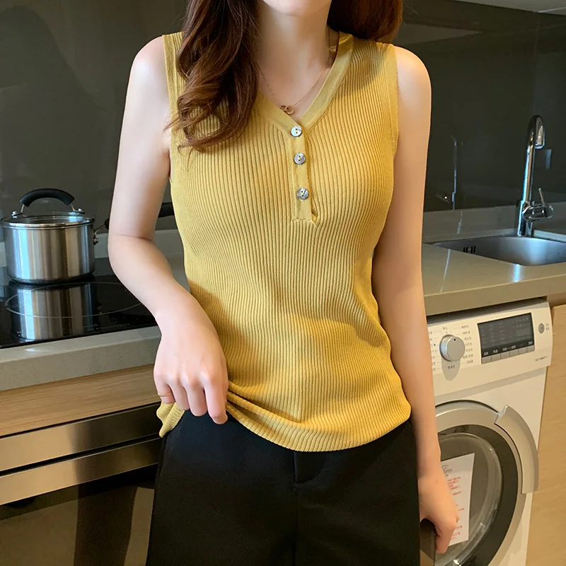 Korean Women Tops Women Tank Tops Woman V-neck Knitted Camisole Sexy Sleeveless Halter Top Plus Size Woman Solid Basic Top Camis