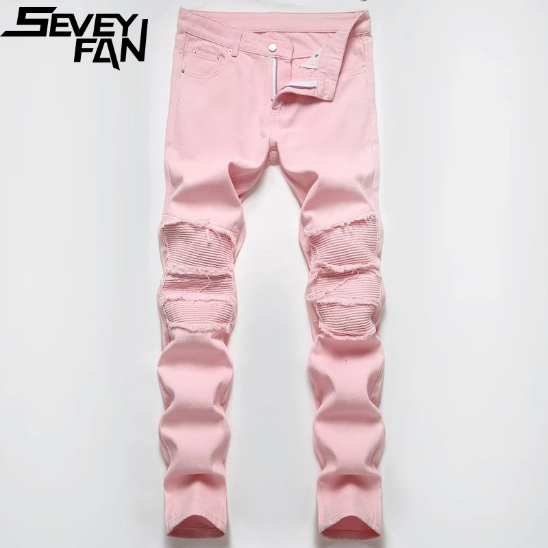 SEVEYFAN 2021 Pink Biker Jeans Men's 