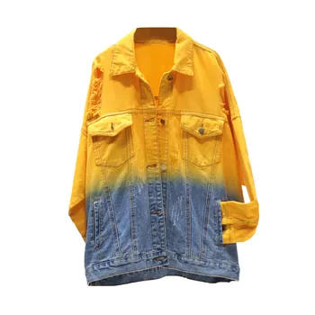 

Spring Autumn Women Denim Jackets BF Style Gradient Color Hole Washed Loose Denim Jacket Coat