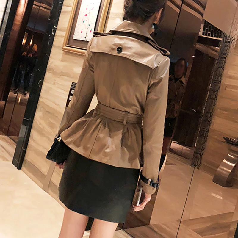 Women Genuine Leather Jacket Female Winter Double Breasted Classic Belt Short Trench Coat Mujer Beige/Black Moto Windbreaker