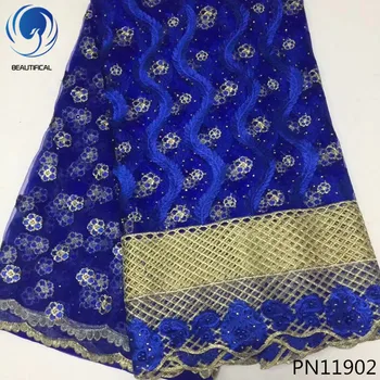 

Beautifical Blue african lace fabrics 2018 On sale embriodery net lace nigerian fabric with stones for women dress 5yards PN119