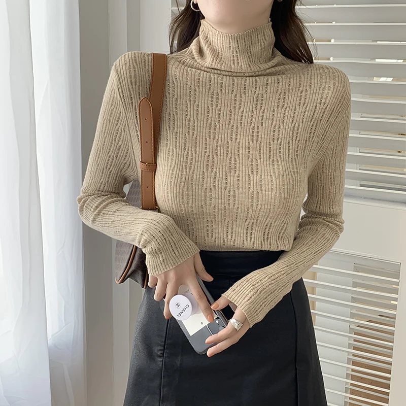

Women's Turtleneck 2022 Hollow Out Knitted Sweaters Solid Long Sleeve Pullover Female Wool Piled-Up Stretch Sweater