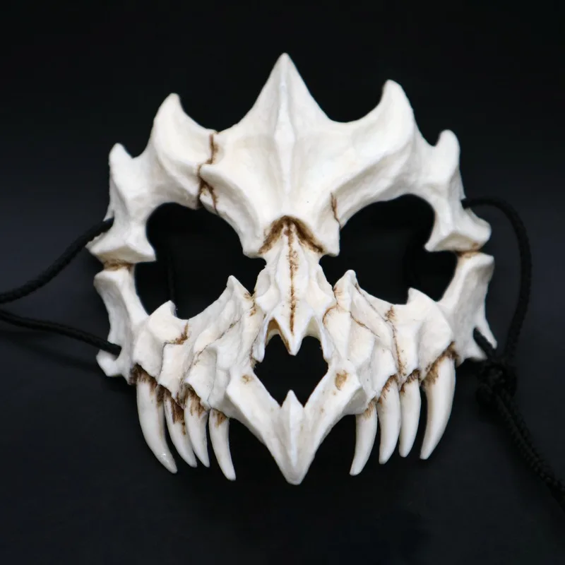 B Половина маска животного длинные зубы демон самурая белая маска с костью Tengu Дракон Якса тигр Смола Маска Косплей