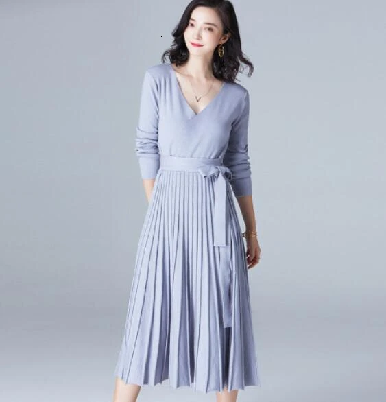 Осеннее зимнее женское платье с v-образным вырезом, платье-свитер, элегантное Плиссированное длинное платье - Цвет: light blue