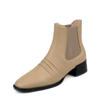 

Classic Chelsea Boots 2020 Autumn Winter Warm Women Ankle Boots Genuine Leather Square Heels Short Boots Dancing Shoes Woman