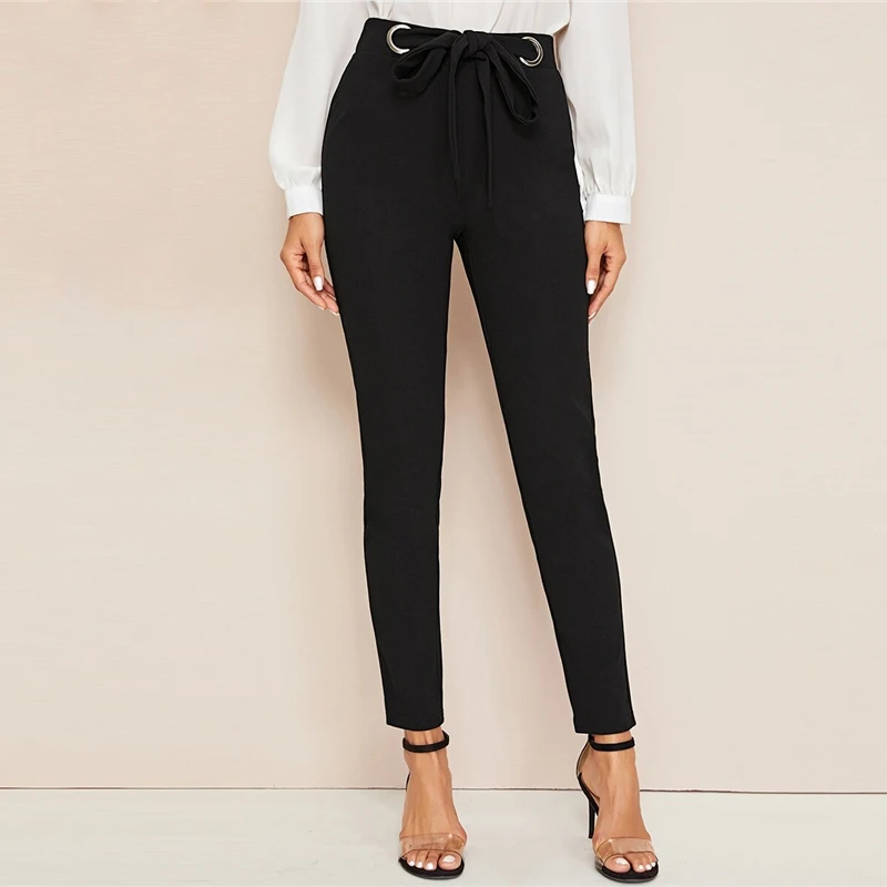 Sheinside элегантные черные брюки с эластичной талией женские осенние обтягивающие укороченные брюки офисные женские однотонные брюки с поясом