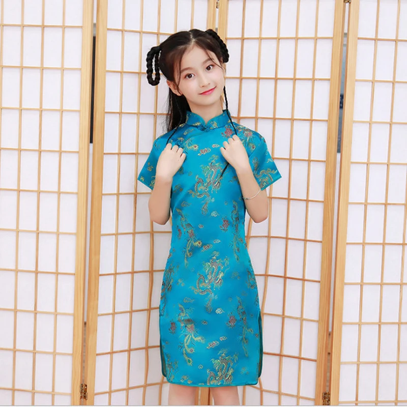 사랑스러운 소녀 부드러운 새틴 cheongsam 드레스 귀여운 공주 소녀 드레스 키즈 파티 공 가운 드레스 새해 cheongsam 의류