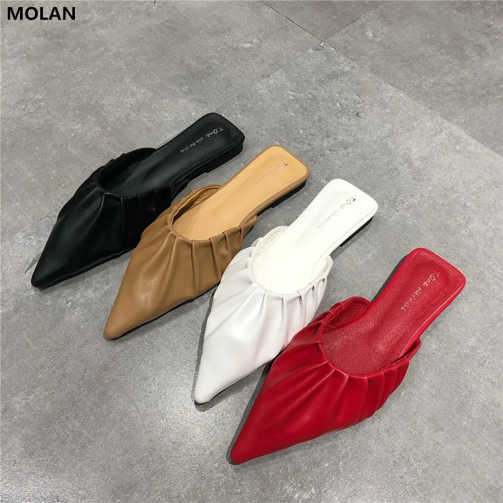 

MOLAN Brand Designers 2020 Spring New Fashion Shallow Pleated Leather Point Shoes Flat Slippers Slip On Loafers Mules Flip Flops